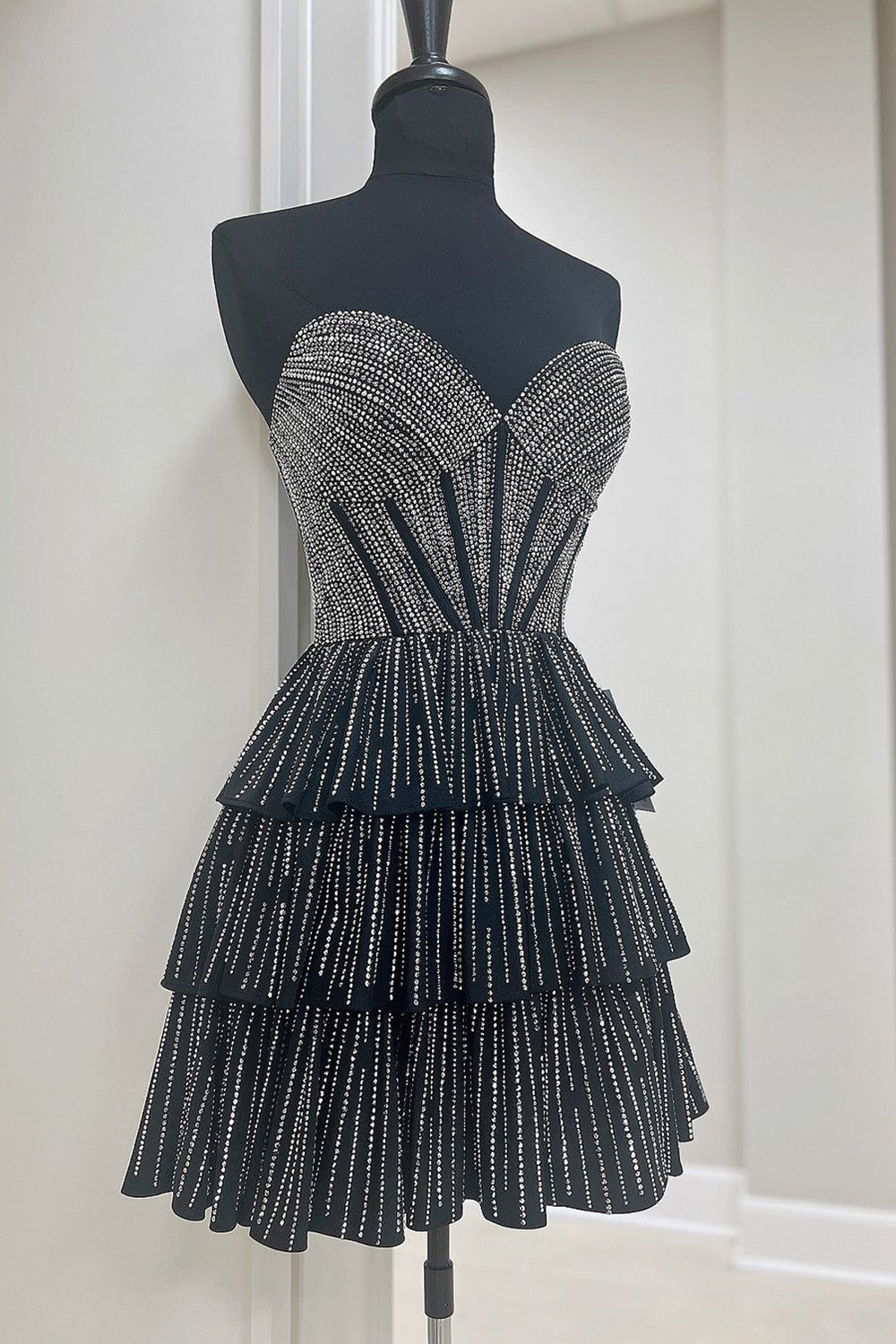 Sparkly Black A Line Corset Short Homecoming Dress/Mini Dress With Ruffles