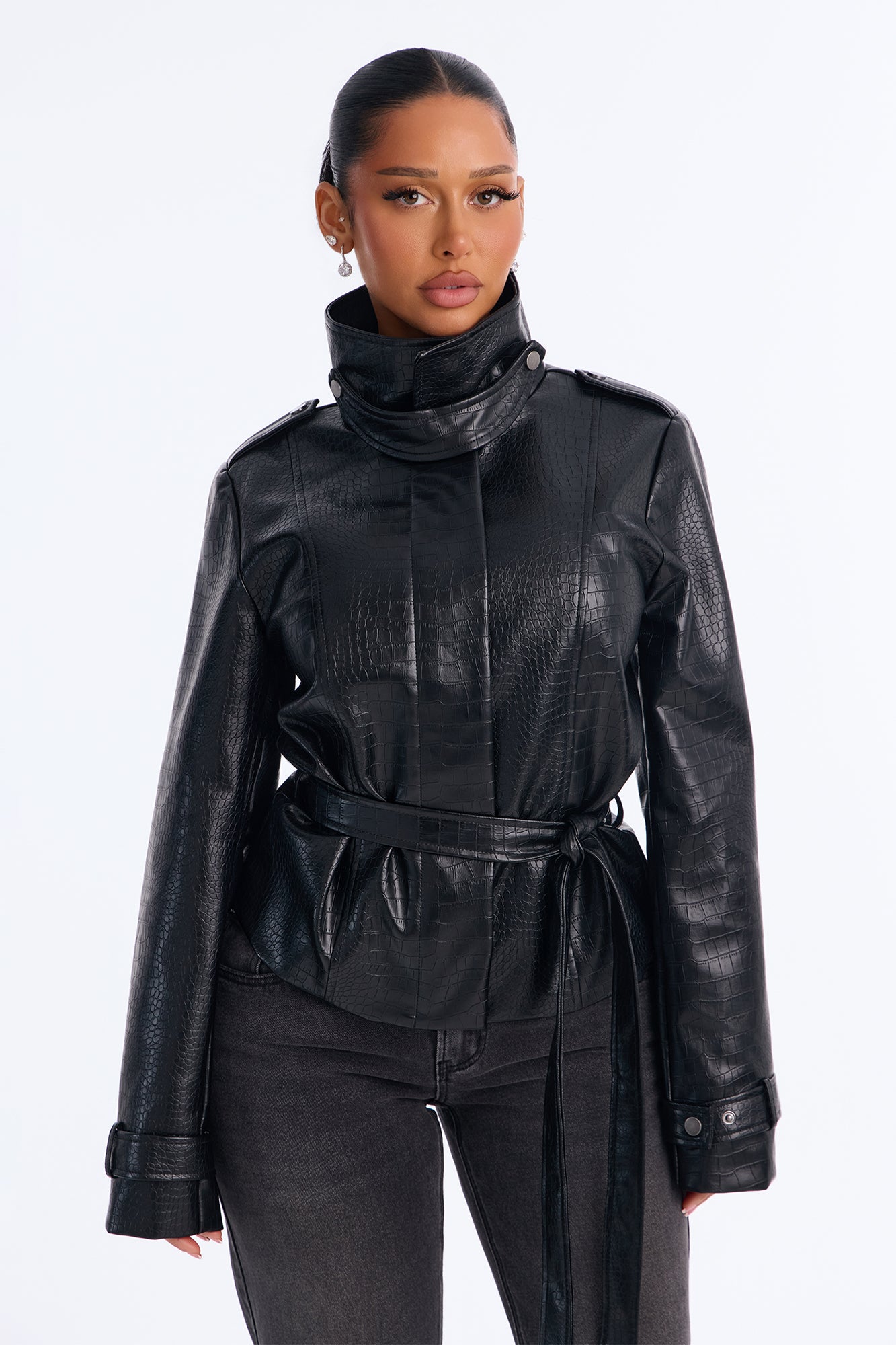 Born Ready Faux Leather Funnel Neck Moto Jacket - Black