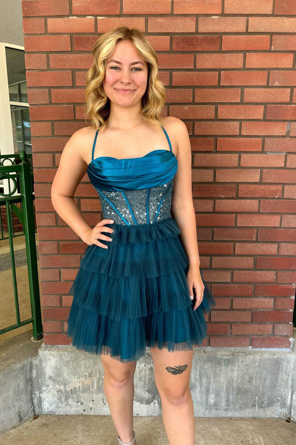 Sparkly Peacock Blue Corset Ruffled Short Homecoming Dress/Mini Dress