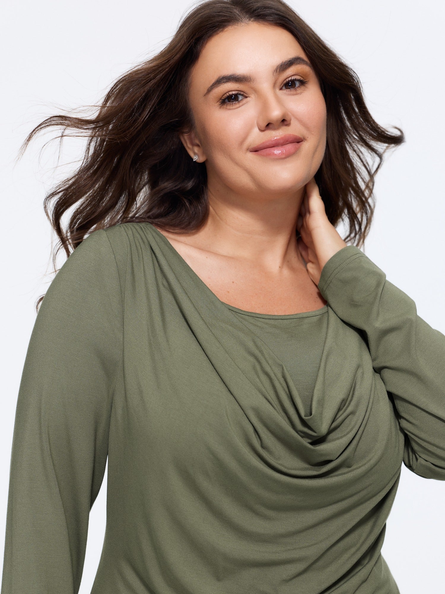 Supersoft Cowl Neck Draped Long Sleeve Fitted T-Shirt