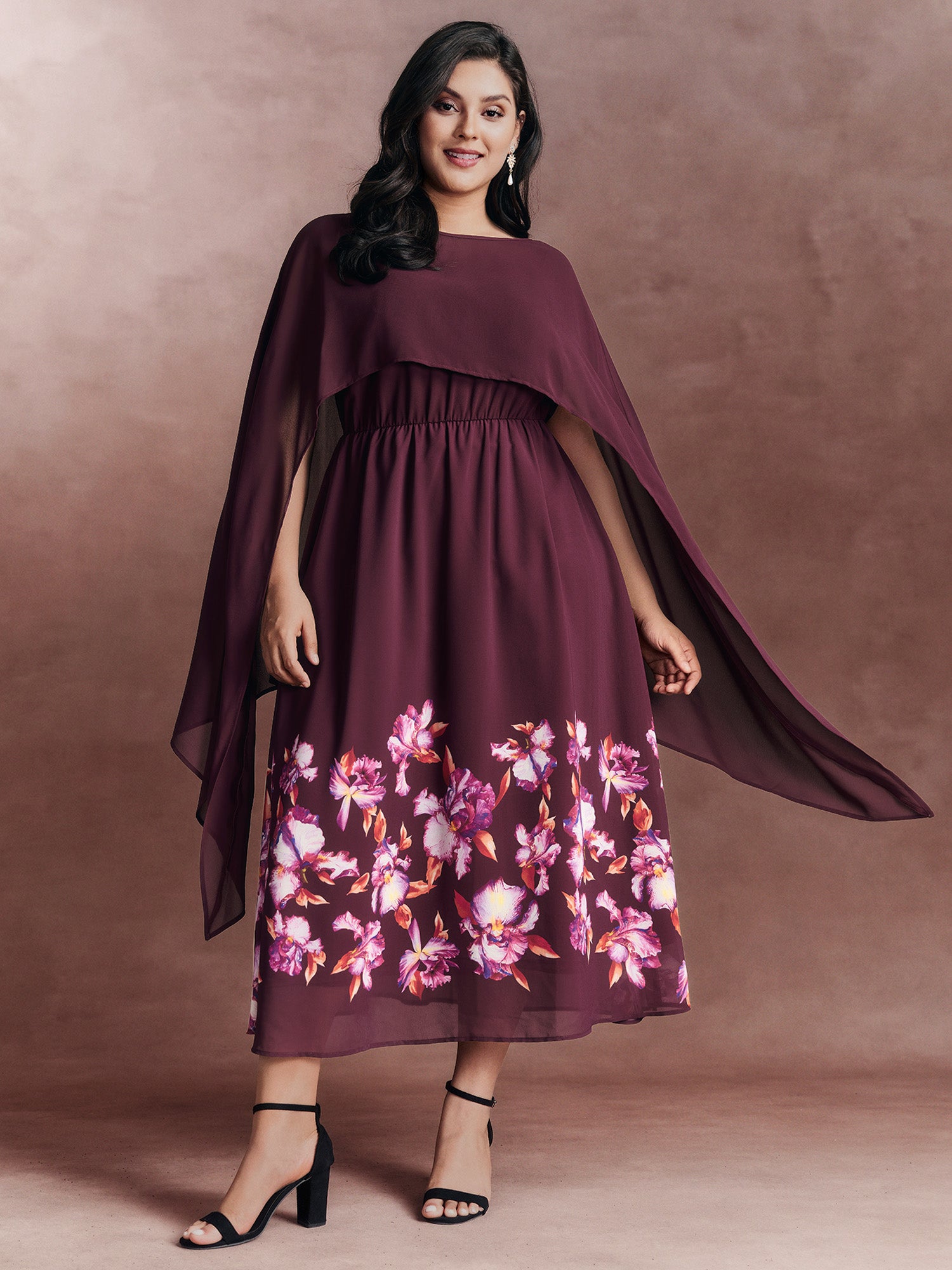 Romantic Floral Print Scarf-Detail Maxi Dress