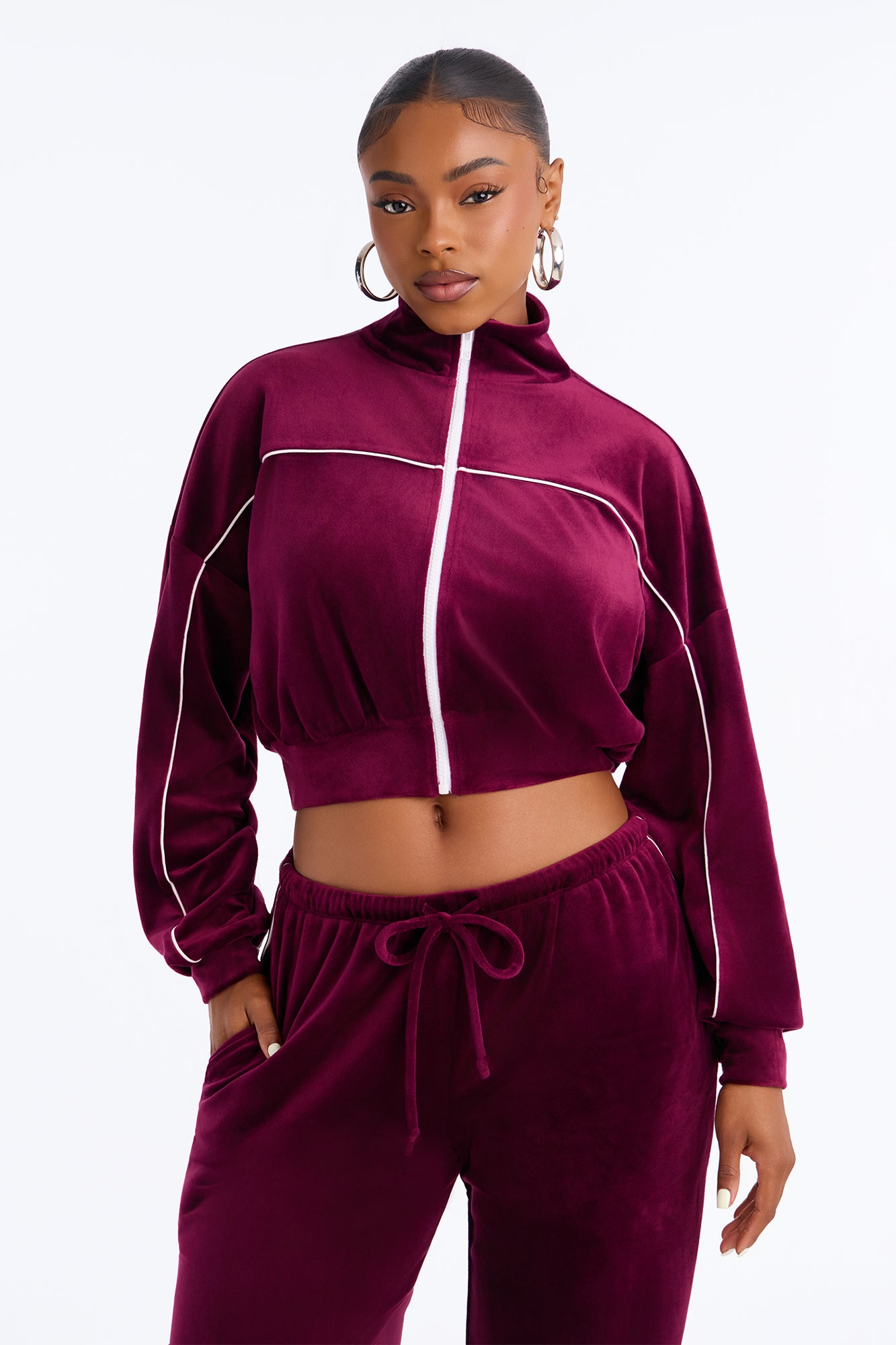 So Sporty Mock Neck Velour Pant Set - Burgundy