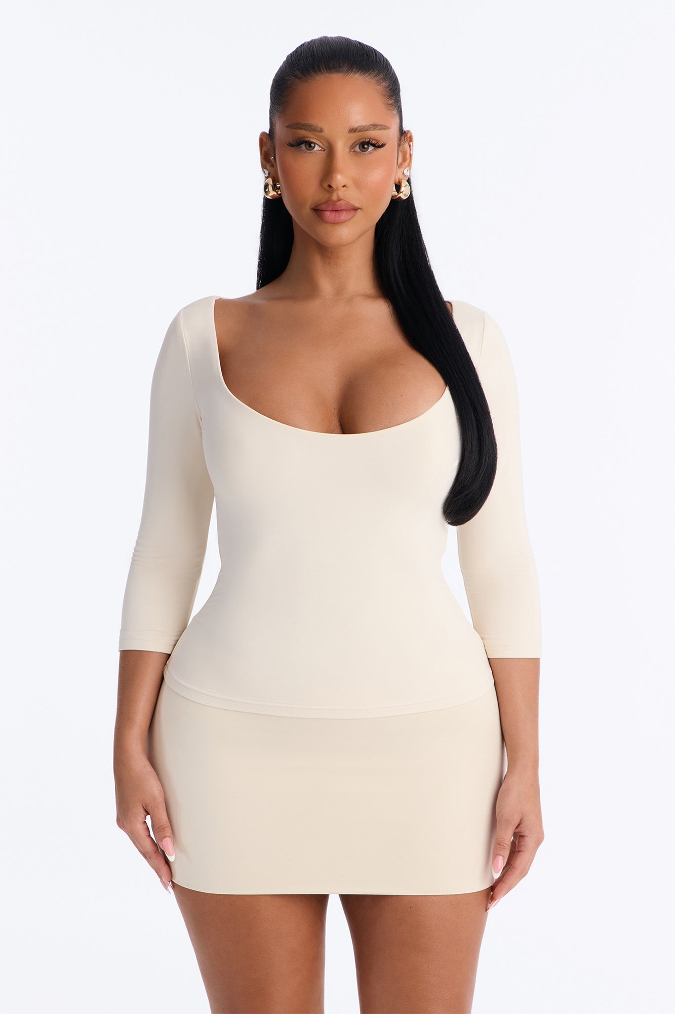 Second Skin Double Lined Scoop Neck Mid Sleeve Top - Bone