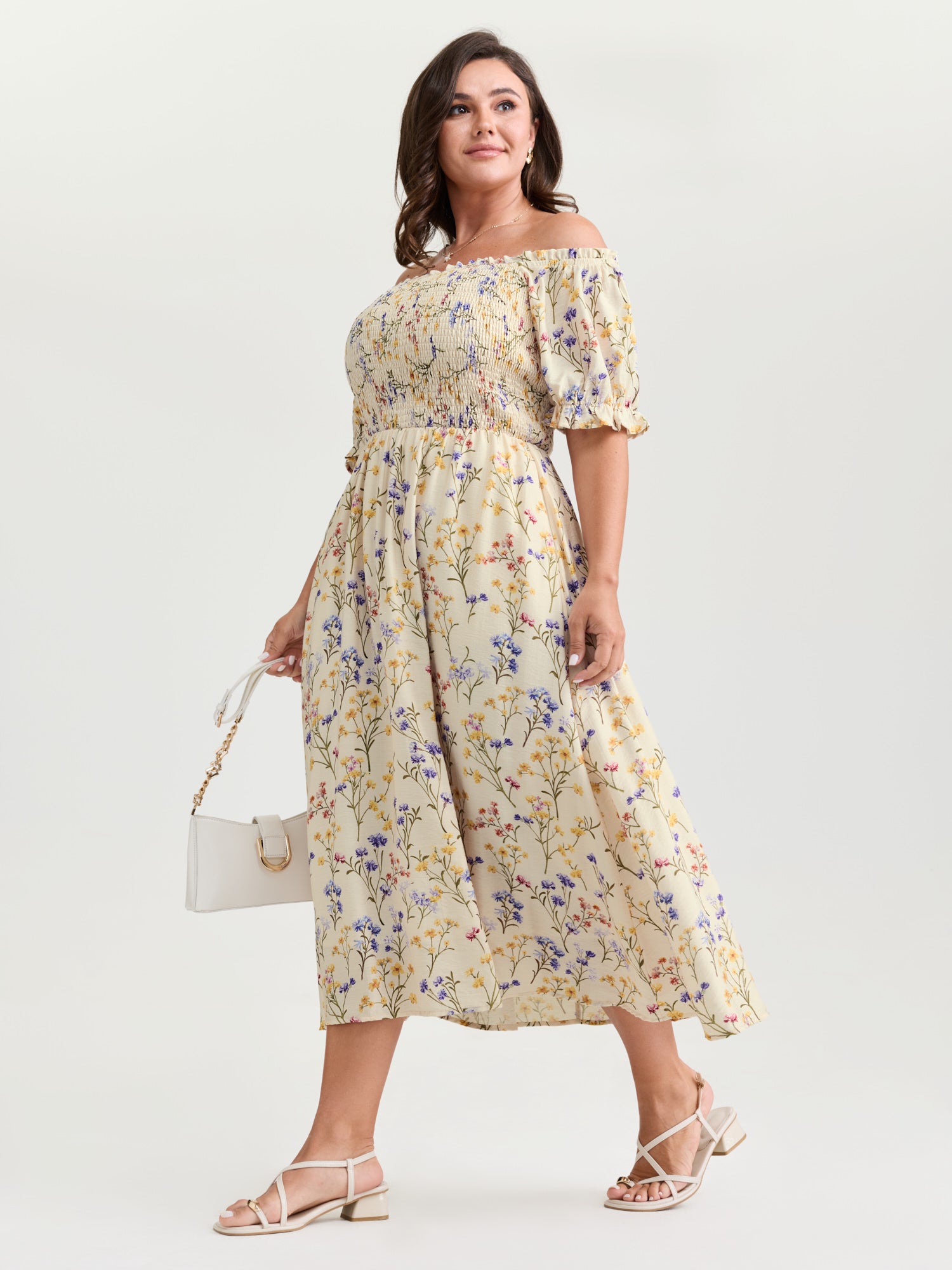 Vanilla Print Shirred Off-Shoulder Midi Dress