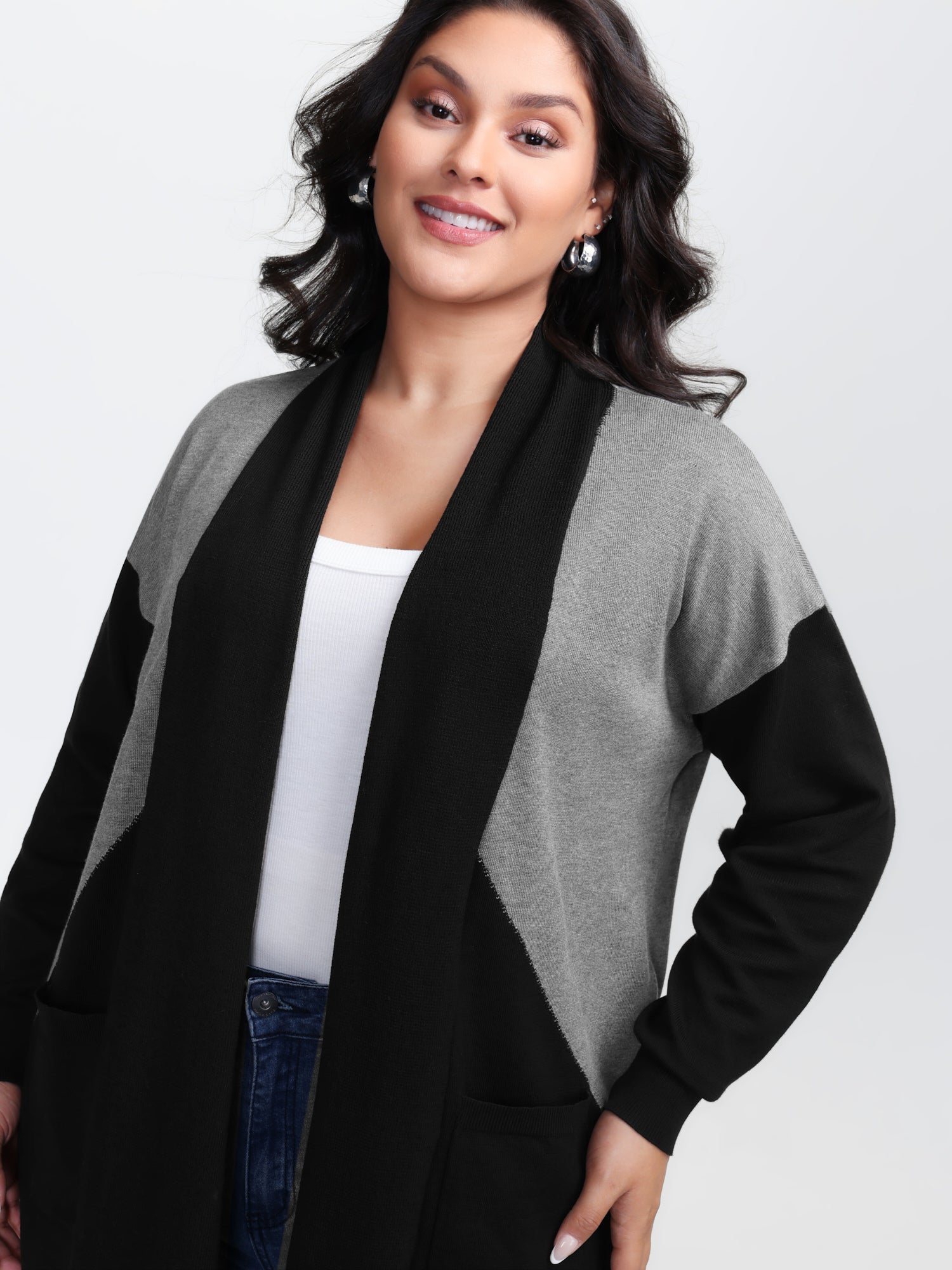 Supersoft Color Patches Kimono Collar Pockets Knit Cardigan