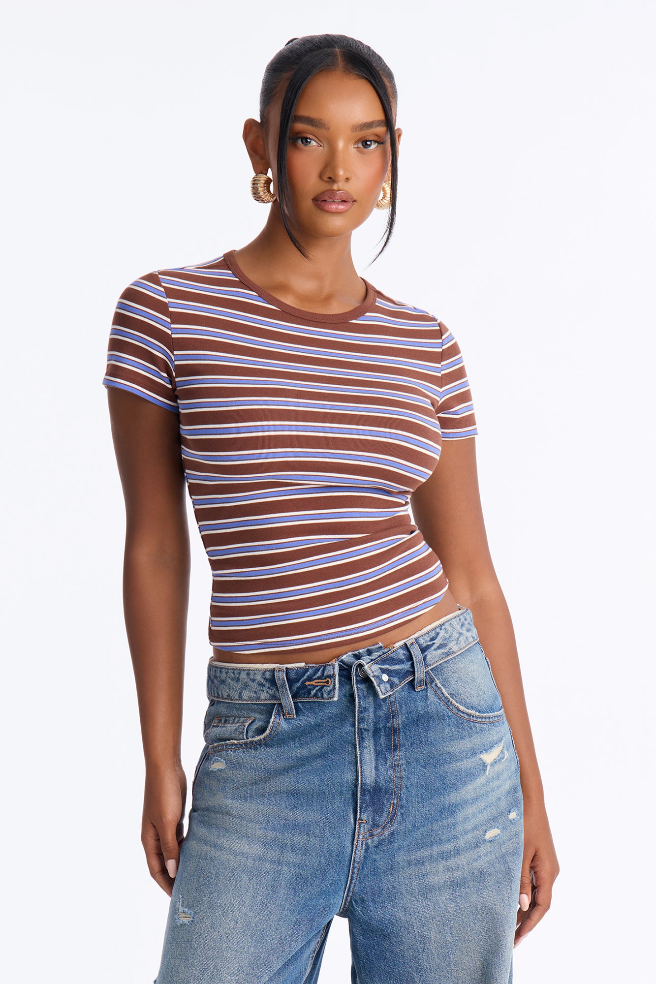Ari Striped Crew Neck Tee - Brown/combo