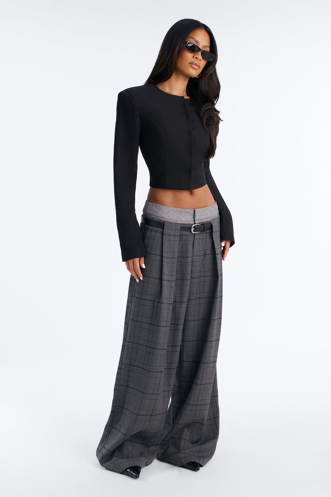 Harper Double Waistband Belted Wide Leg Trouser - Charcoal/combo