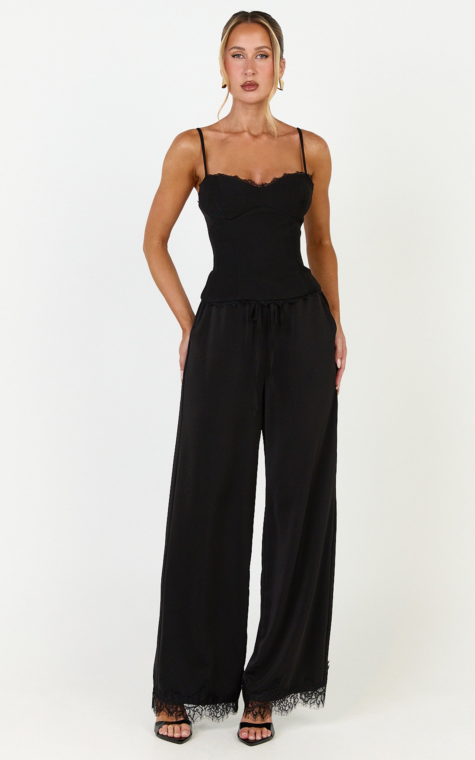 Ava Pants - Mid Waist Relaxed Leg Lace Hem Pants in Black
