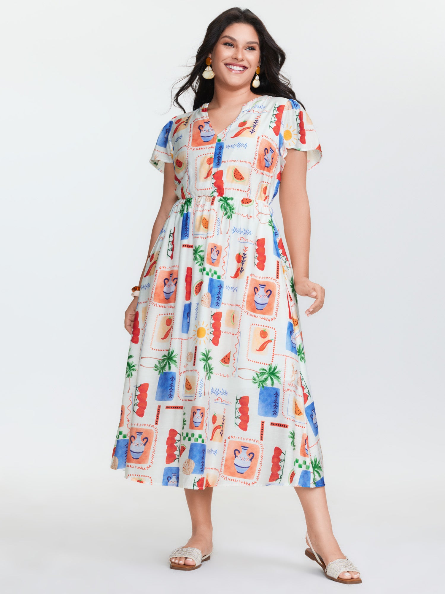 Colorful Geometric Print Notched Collar Midi Dress
