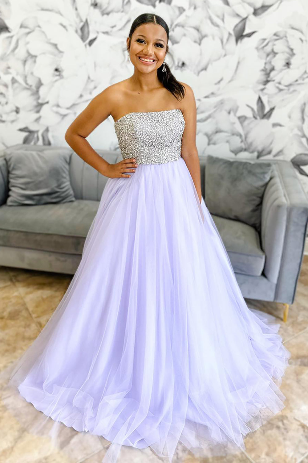 Long Lilac Tulle Prom Dress with Beading Strapless Princess Style
