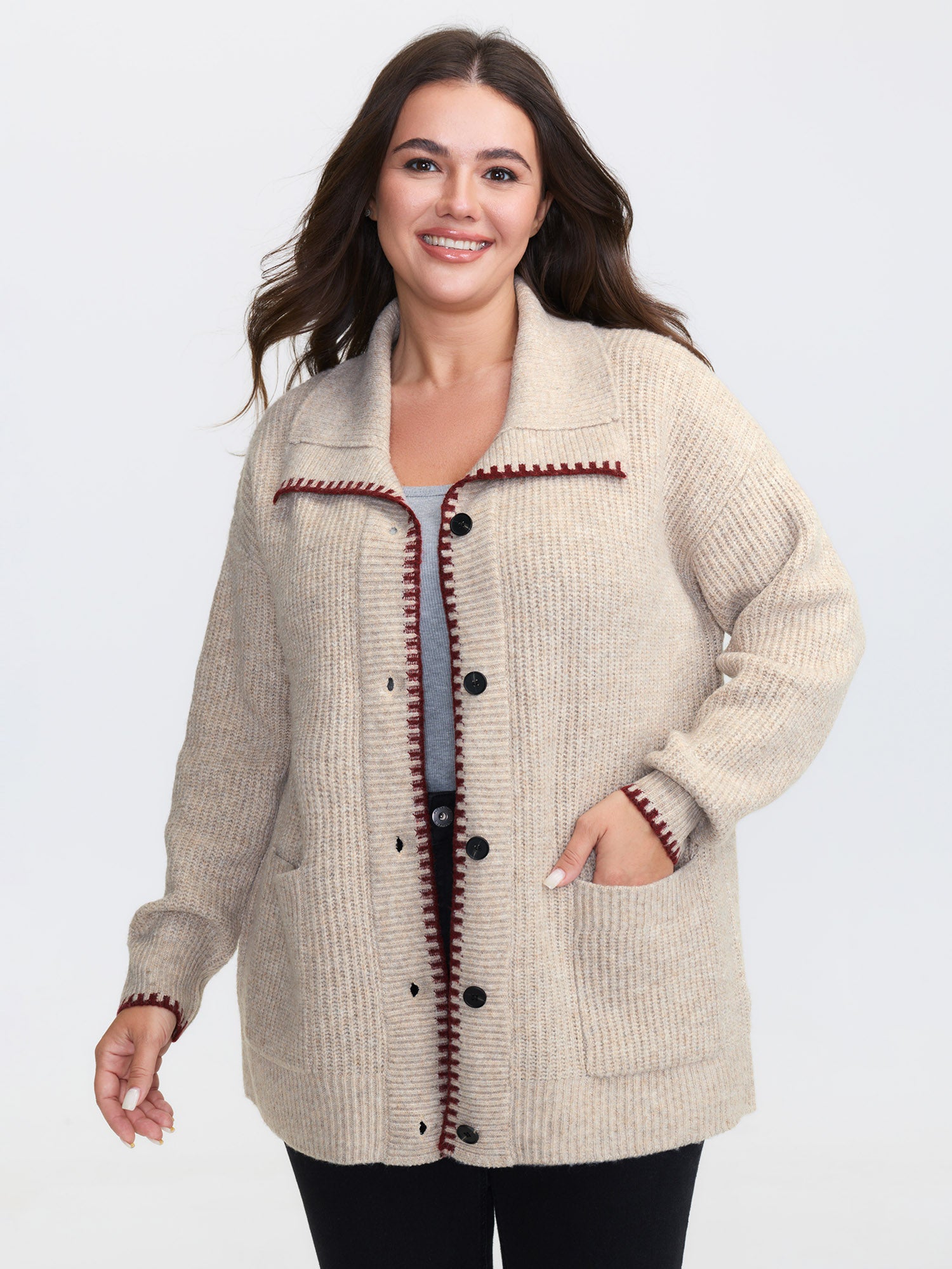 Textured Contrast Edged Pockets Knit Cardigan