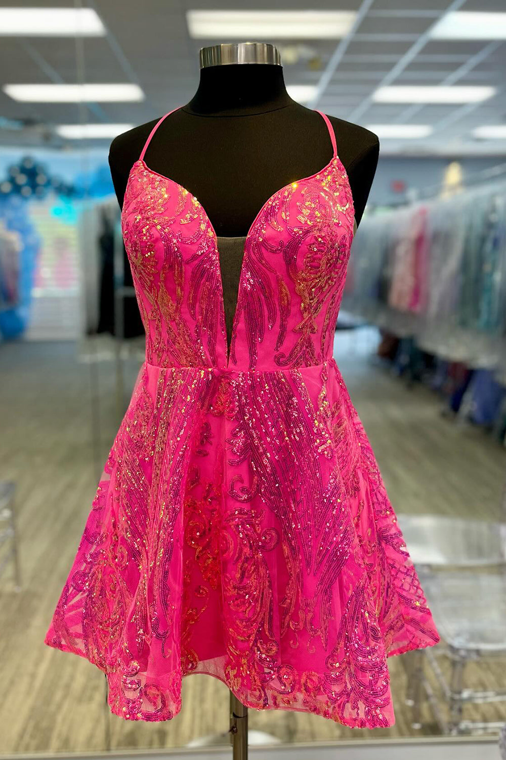 Sparkly Fuchsia A-Line Backless Short Homecoming Dress/Mini Dress
