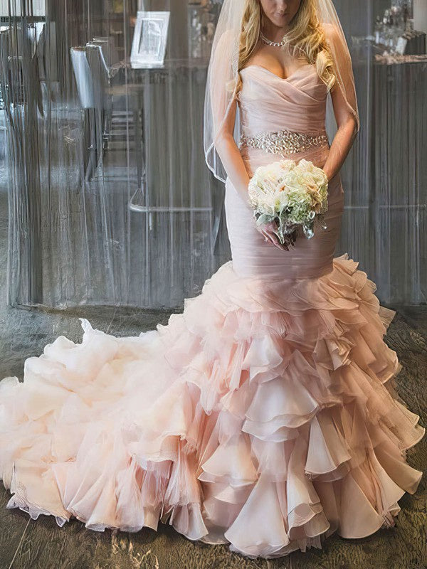 Luxurious Mermaid Sweetheart Organza Chapel Train Wedding Dresses with Cascading Ruffles