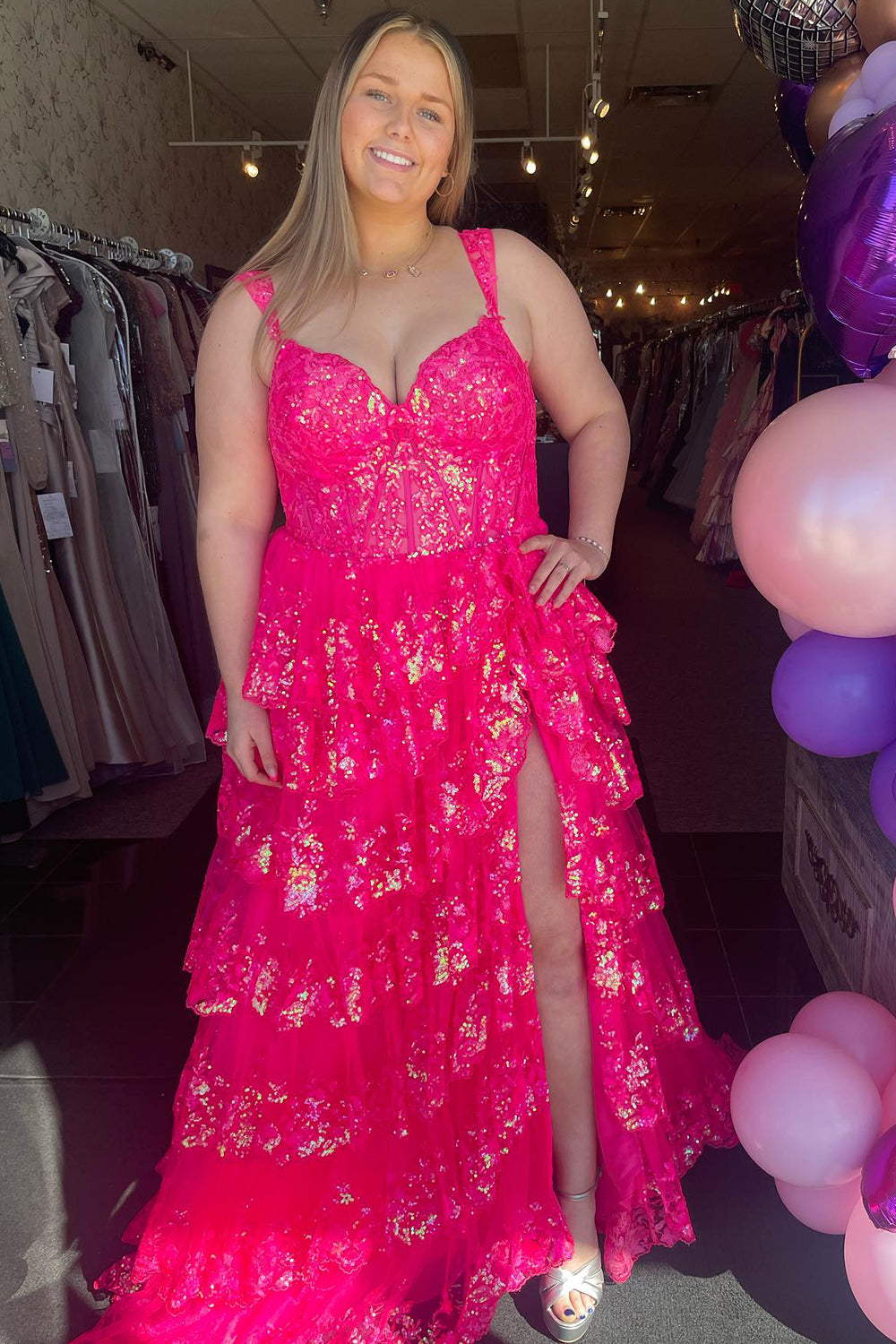 Long Tiered Off-the-Shoulder Corset Prom Dress in Fuchsia with Sequins for Princesses