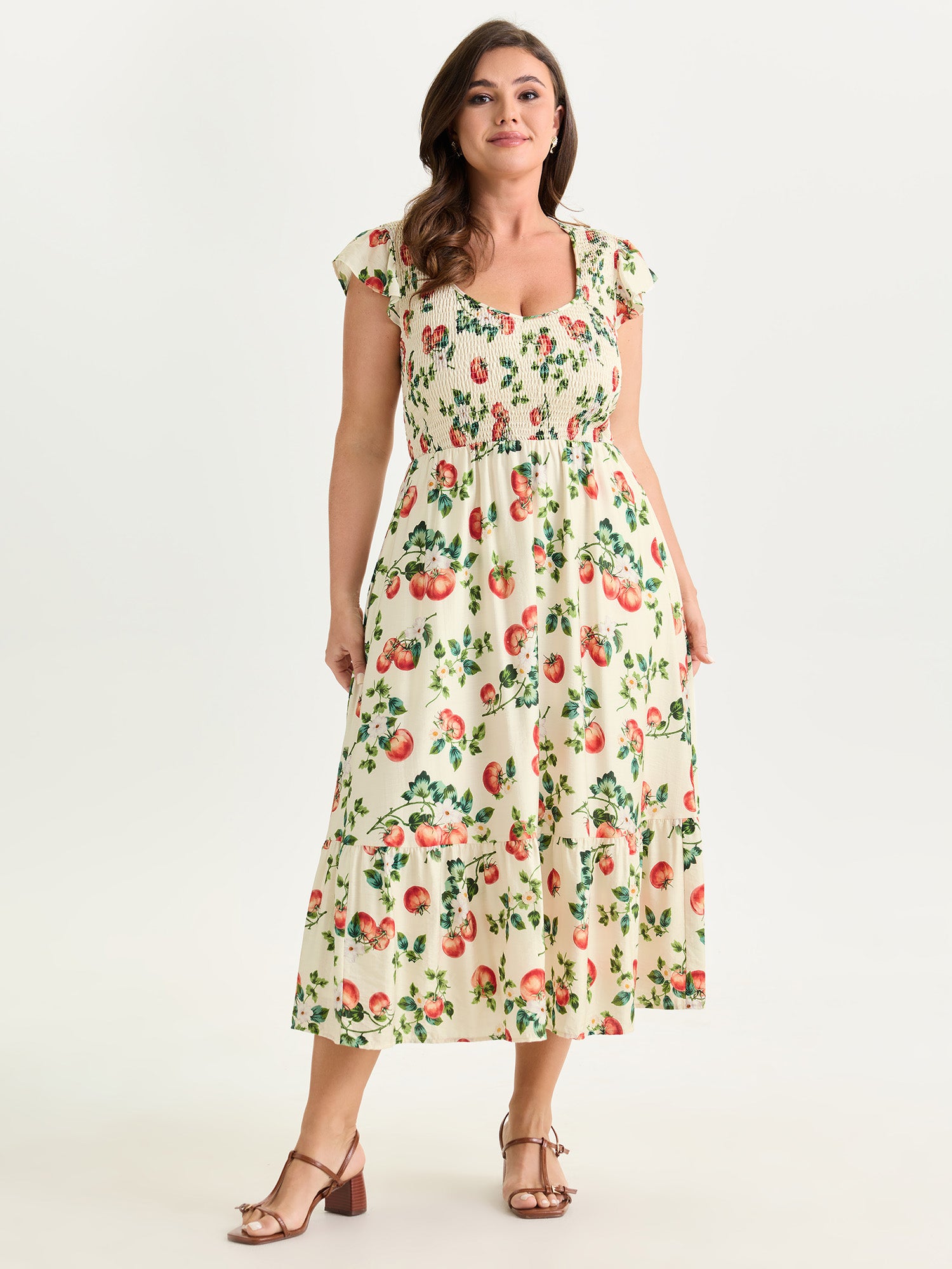 Zesty Fruit Print Shirred Bodice Midi Dress