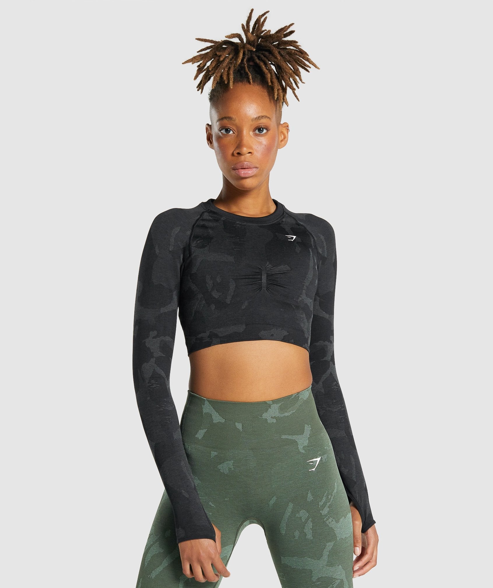 Gymshark Adapt Camo Seamless Long Sleeve Crop Top - Savanna | Black