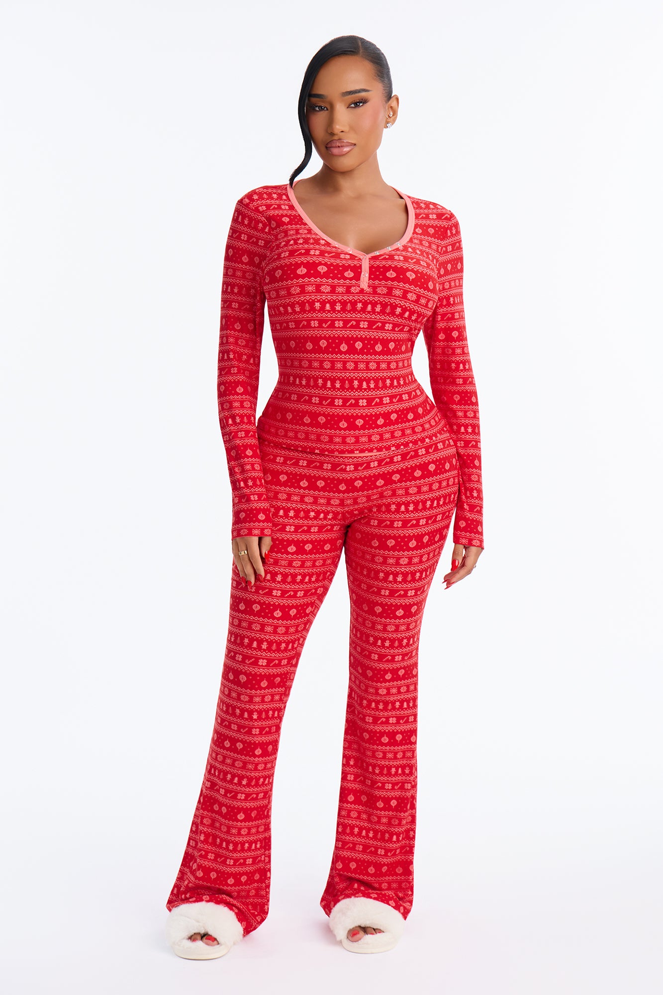 On Holiday Fleece Henley PJ Pant Set - Red/combo