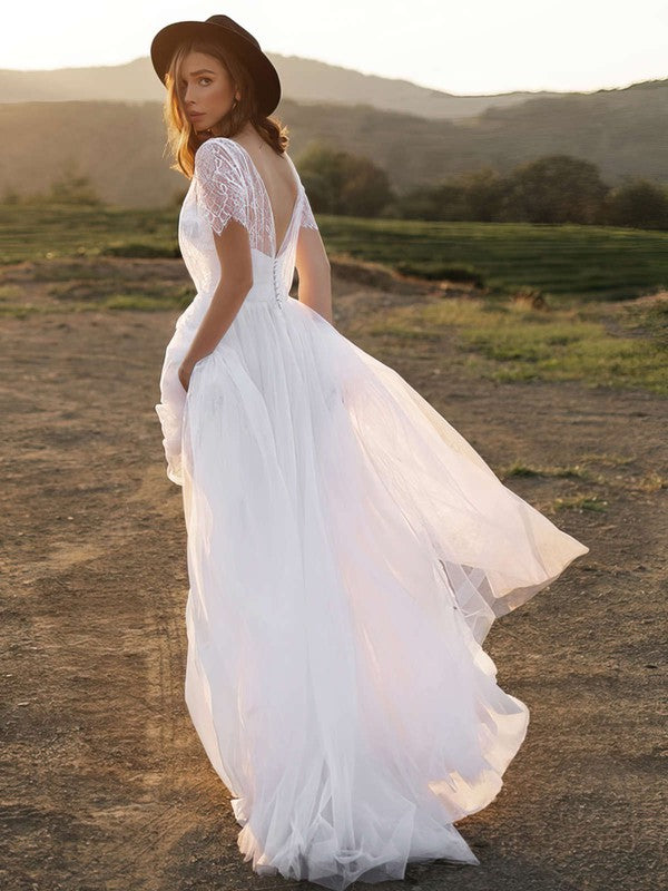 Elegant A-Line Lace Short Sleeves Tulle Sweep Train Wedding Dresses