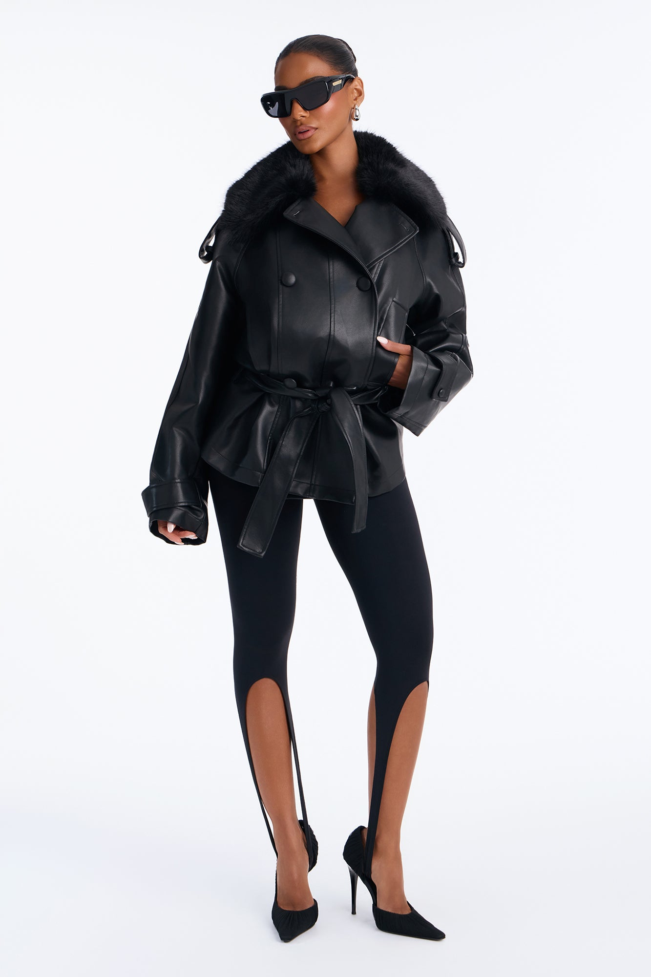 Commanding The Night Fur Collar Belted Faux Leather Coat - Black