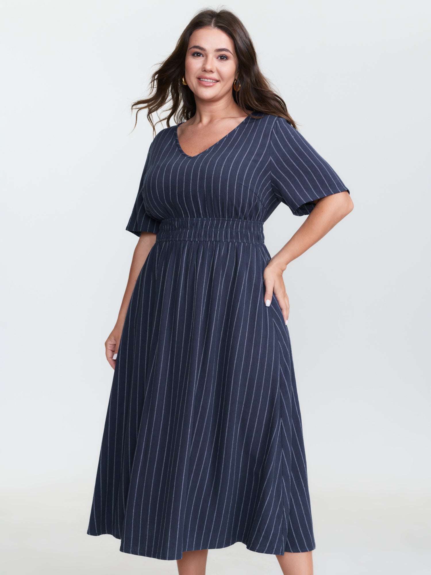 Striped V-Neck Shirred Waist Midi Dress