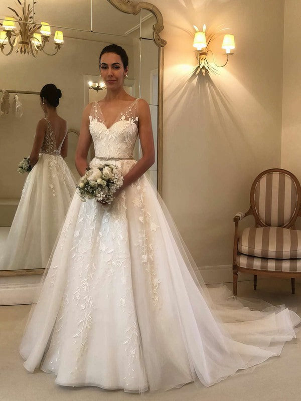 Glamorous V-Neck Sleeveless Ball Gown Tulle Wedding Dresses with Sash