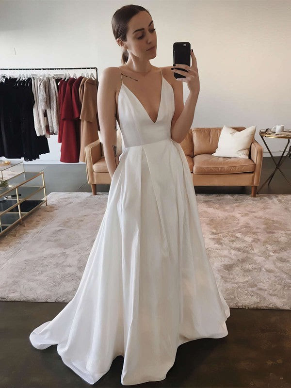 Stunning Spaghetti Straps Sleeveless A-Line V-Neck Satin Sweep Train Wedding Dresses with Pockets