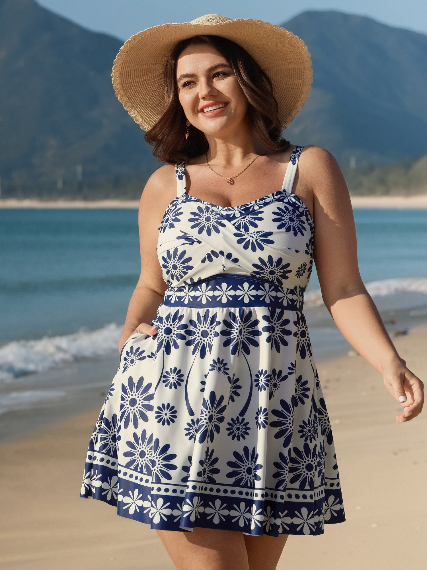Floral Print Pockets Twist Swim Dress