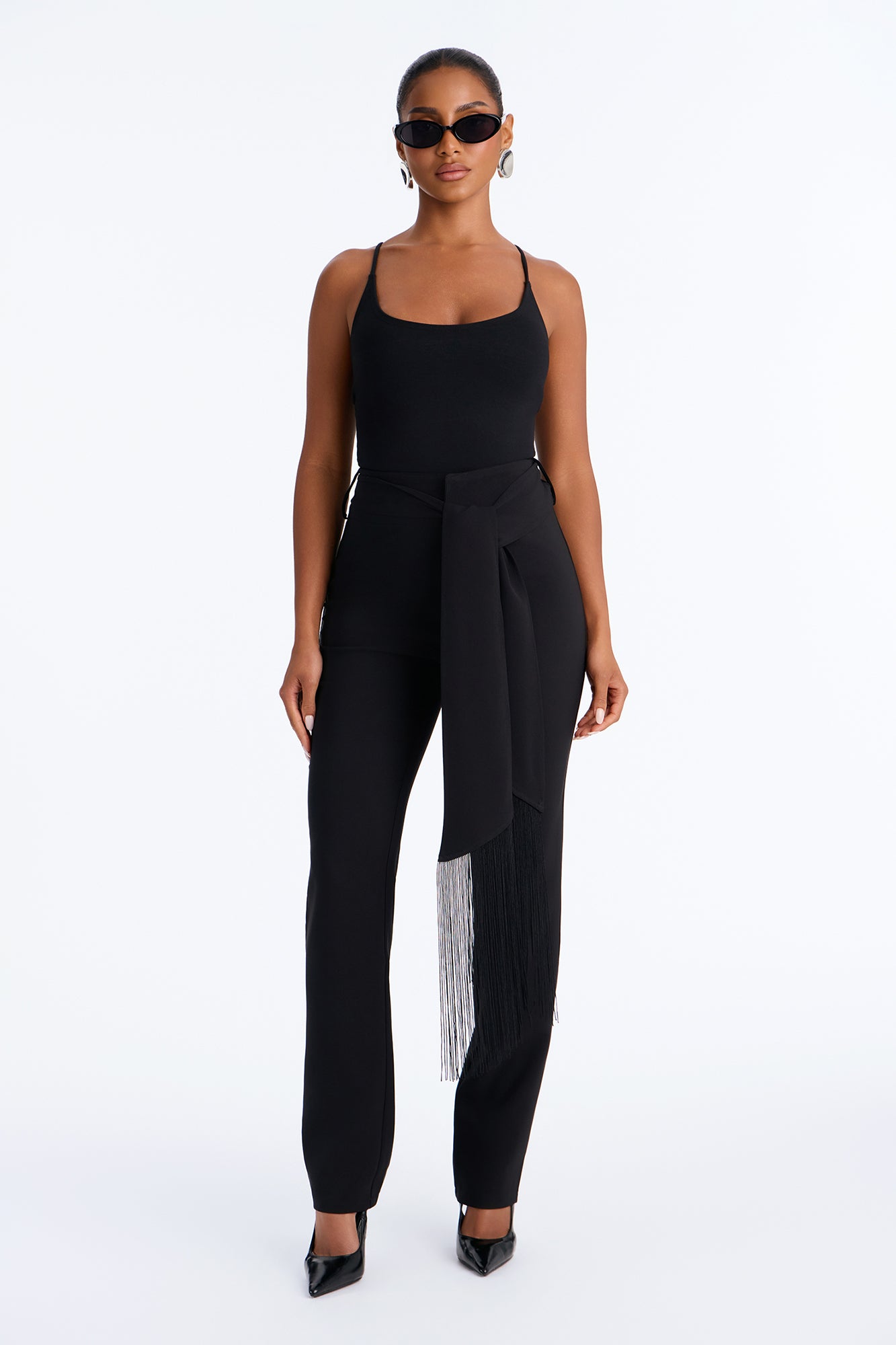 Taryn Tie Waist Fringe Trouser Pant - Black