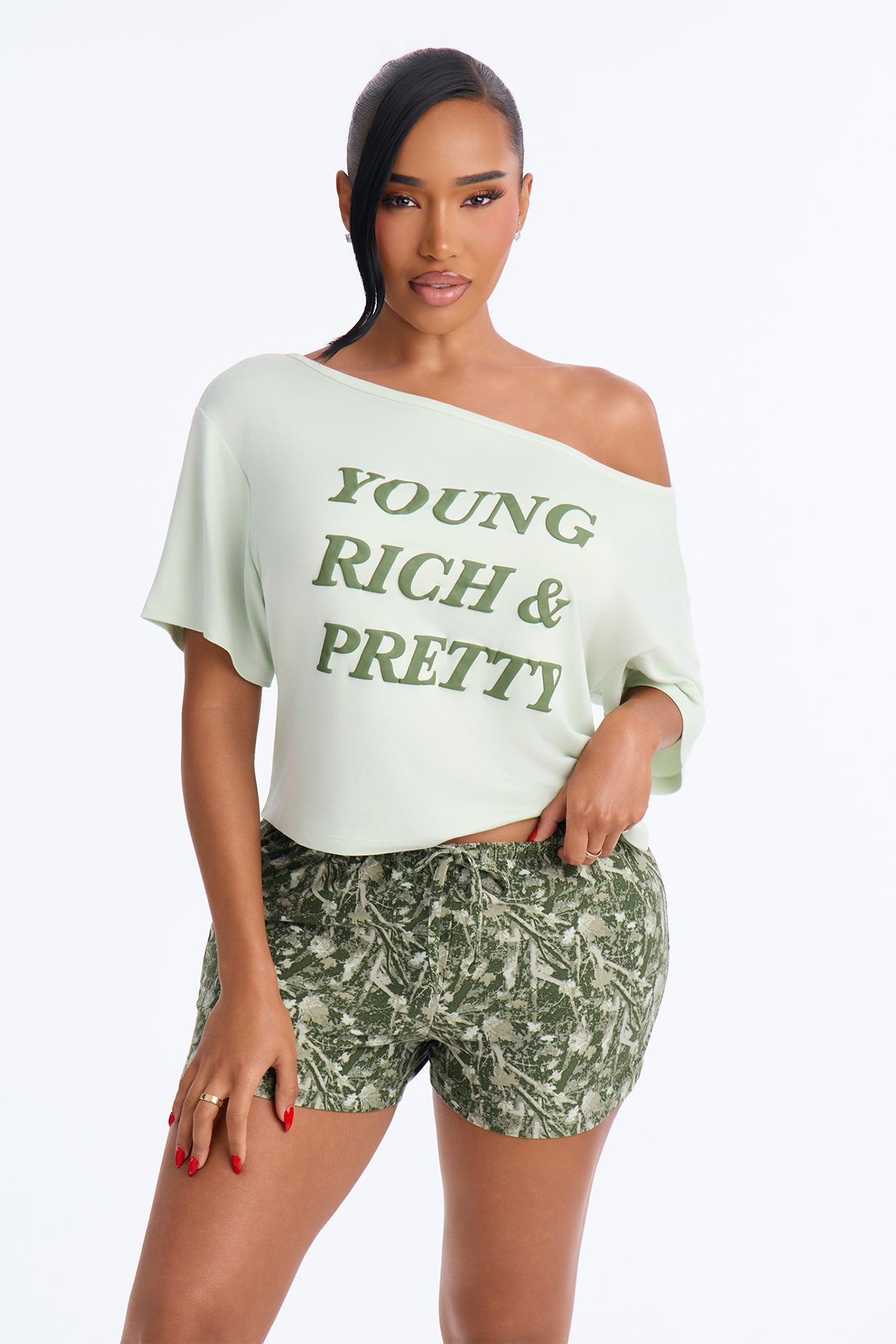 My Weekends Camo Off Shoulders Short Sleeve PJ Short Set - Green