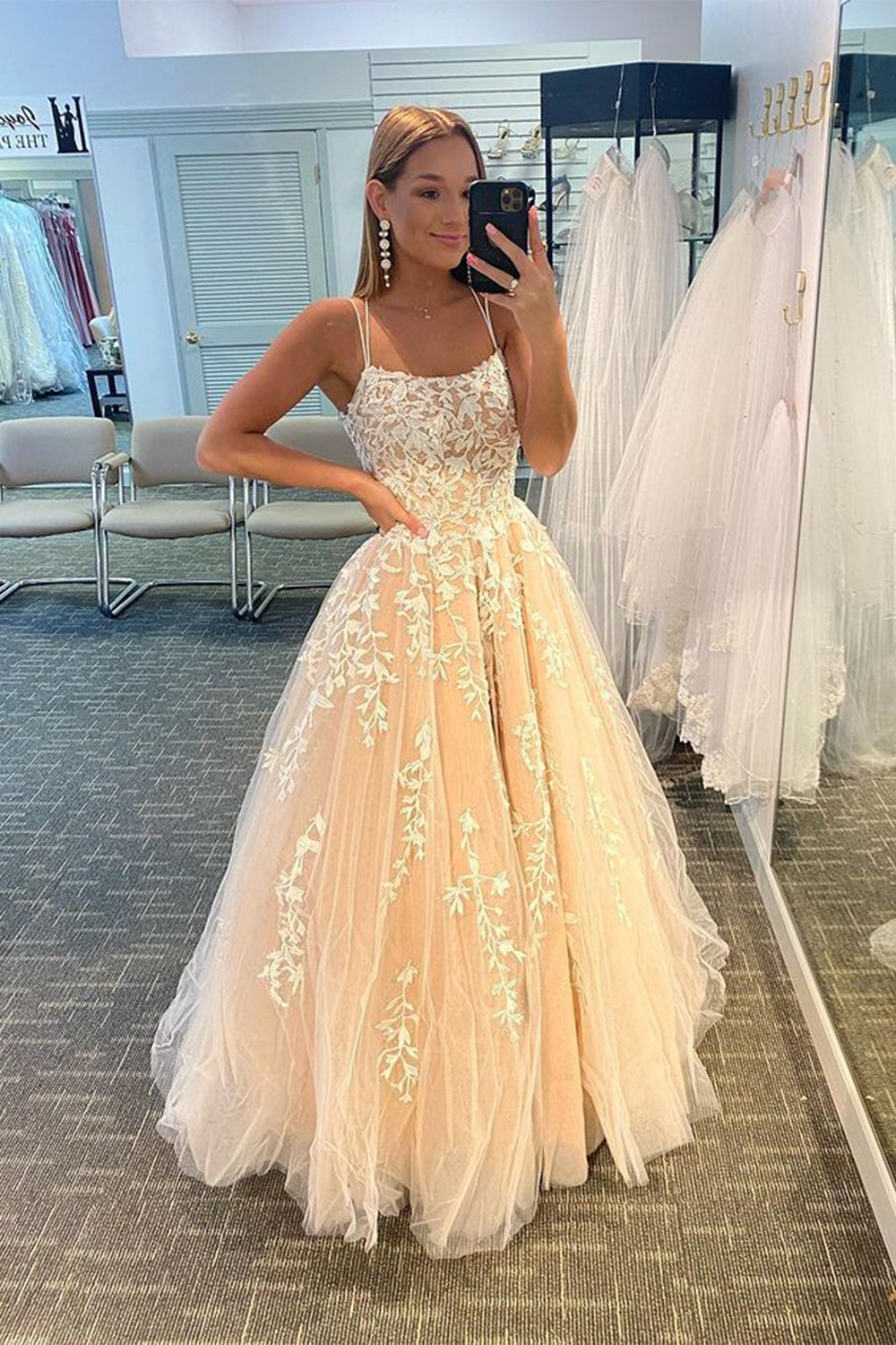 Prom Dress with Champagne Spaghetti Straps for Princess