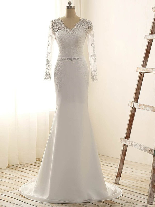 Elegant Mermaid V-Neck Chiffon Long Sleeves Sweep Train Wedding Dresses