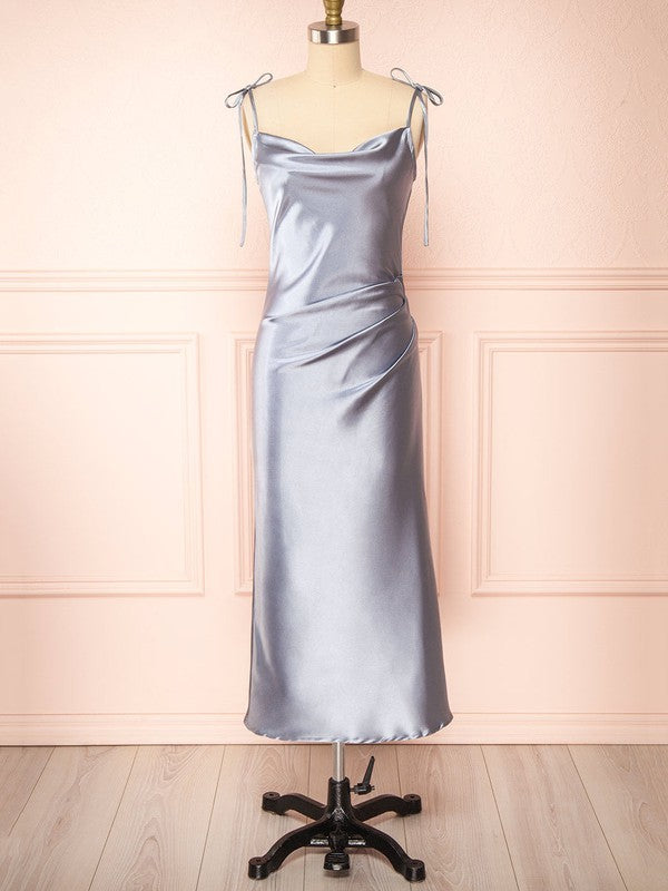 Stylish Column Cowl Neck Satin Tea-Length Bridesmaid Dresses