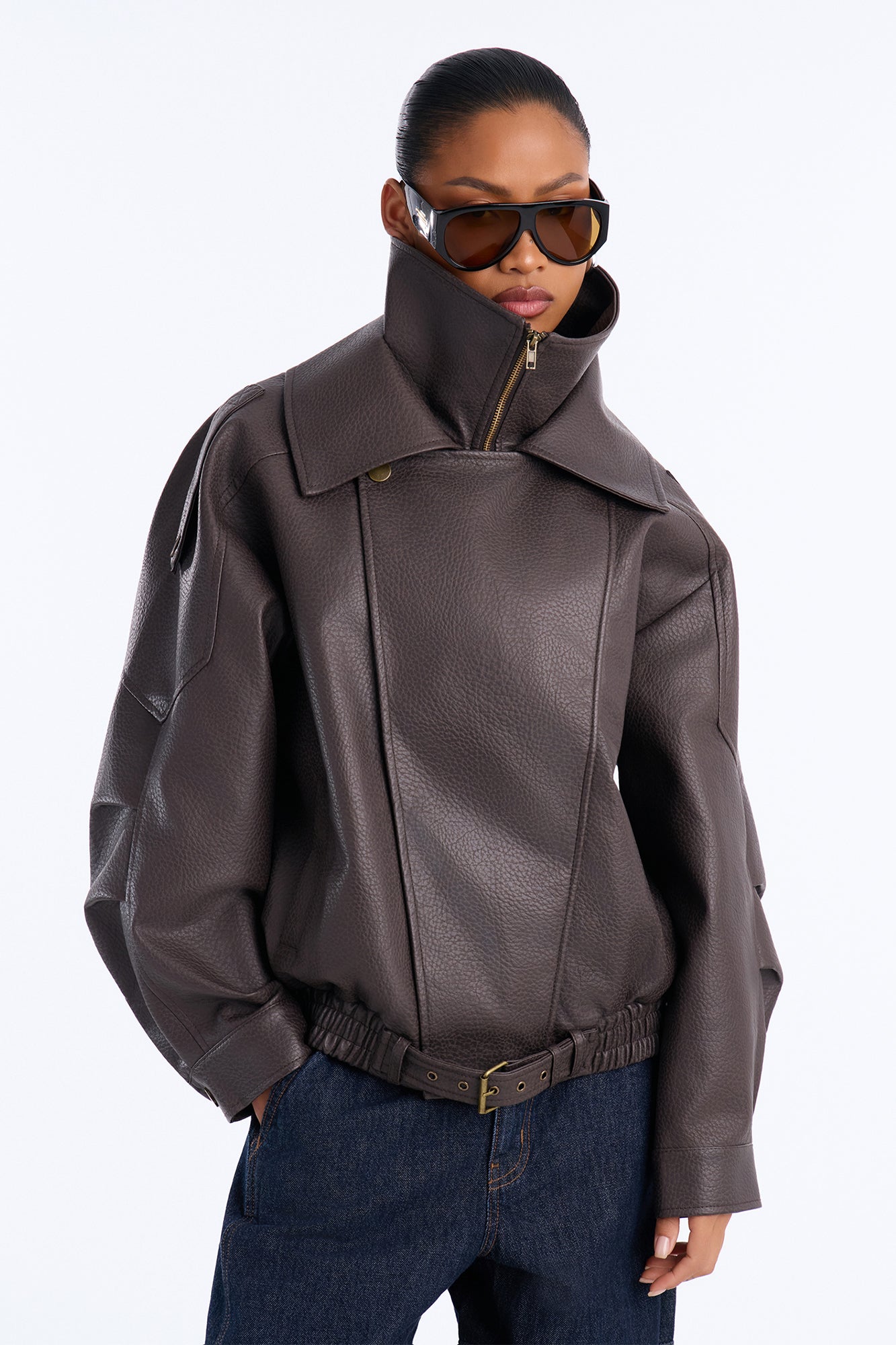 Double Collar Funnel Neck Bomber Jacket - Chocolate
