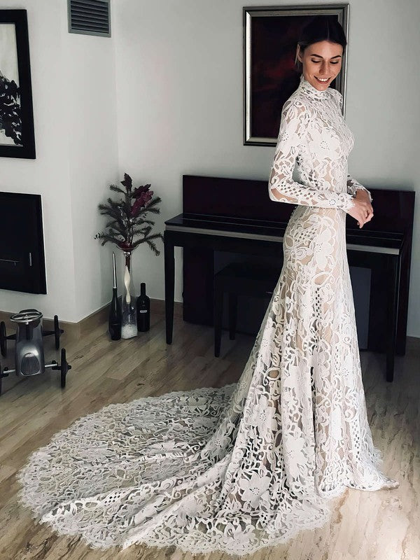 Glamorous Trumpet High Neck Long Sleeves Lace Court Train Wedding Dresses