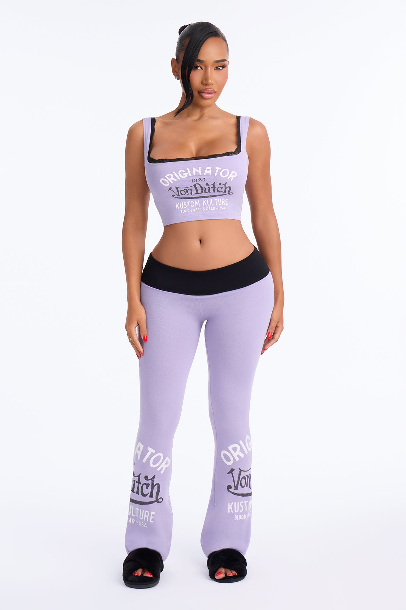 Von Dutch Originator Kustom Kulture Lace Flare PJ Pant Set - Purple/combo