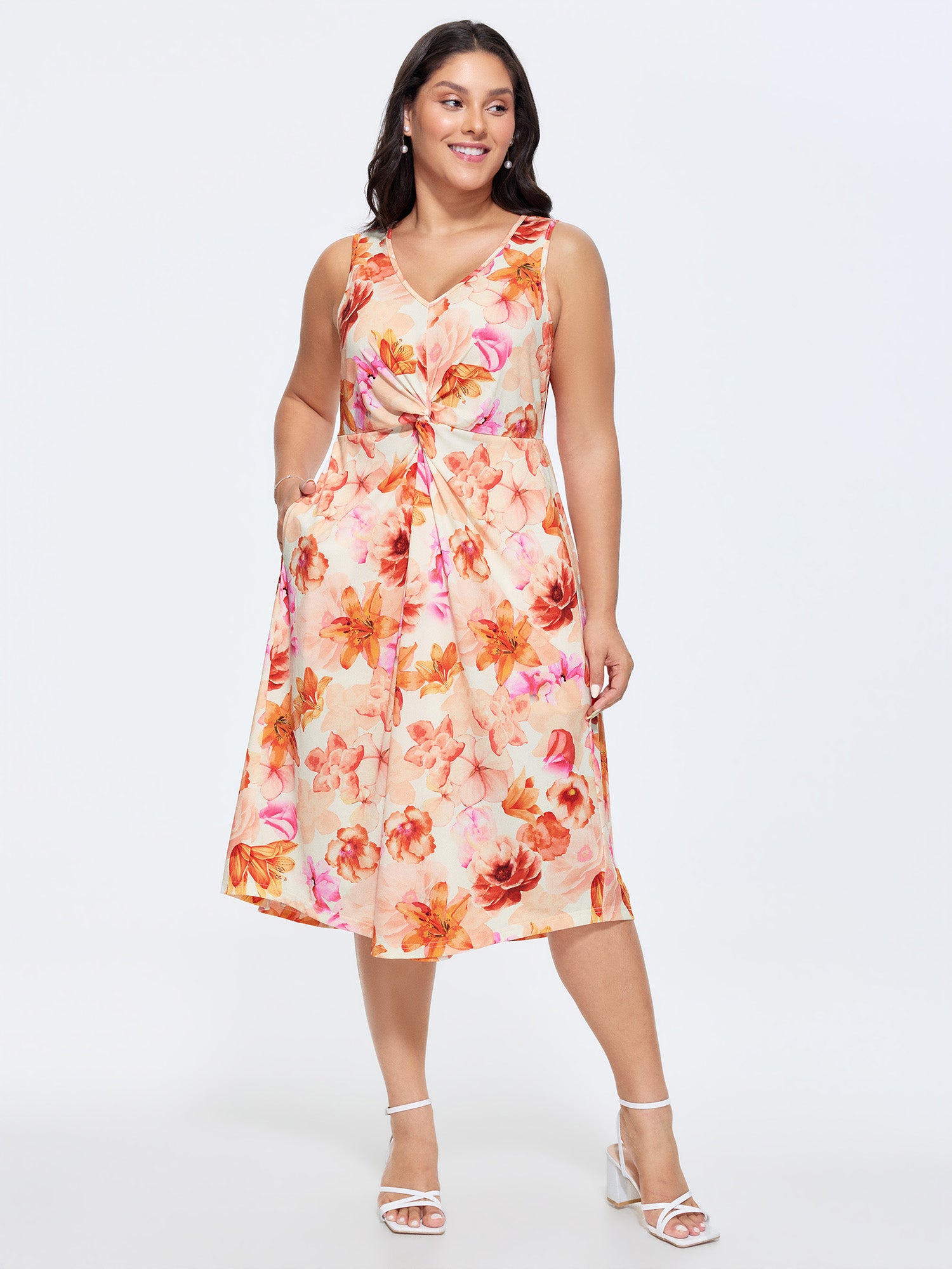 Floral Print Waist-Defining Midi Dress