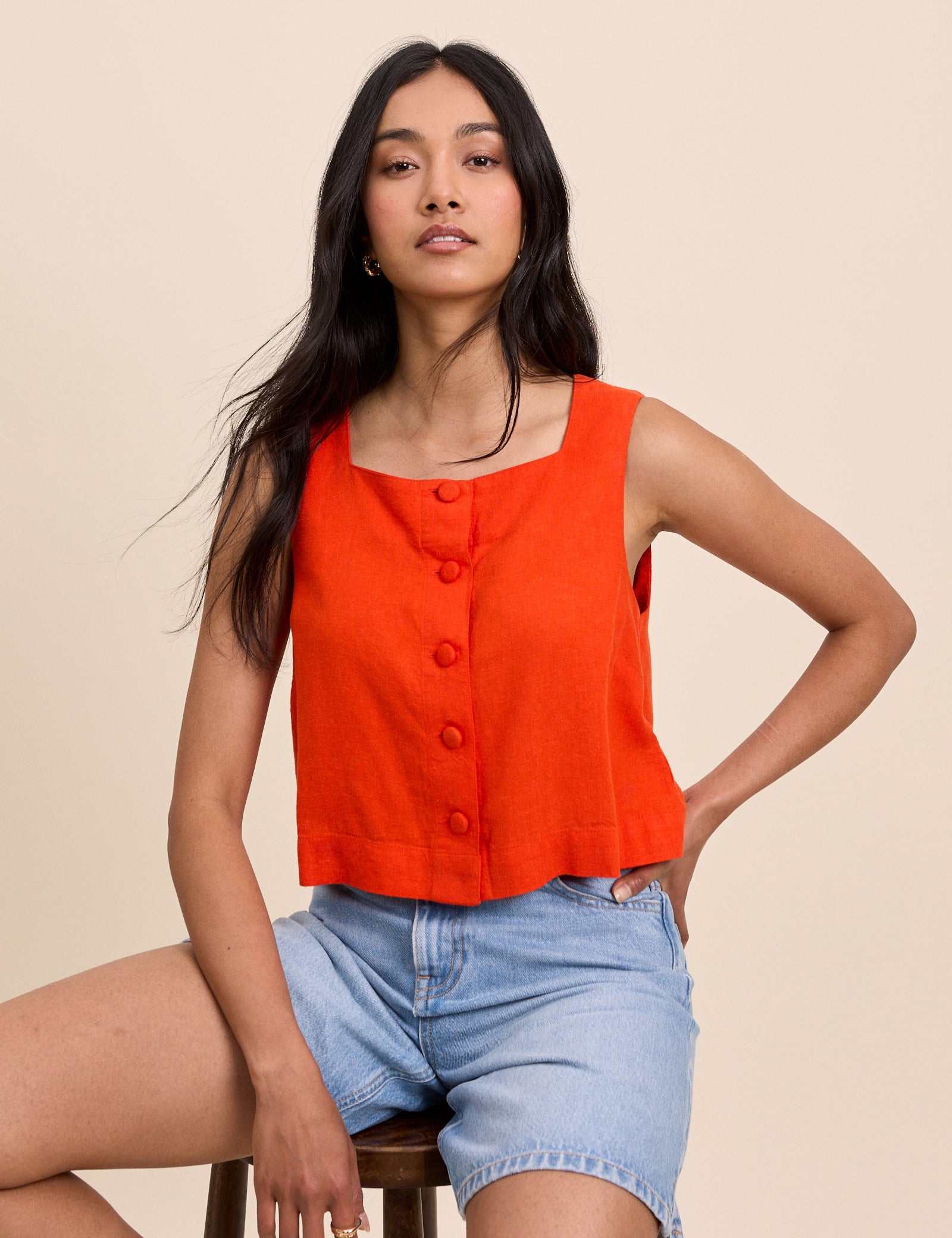 Orange Linen-Rich Button Front Top