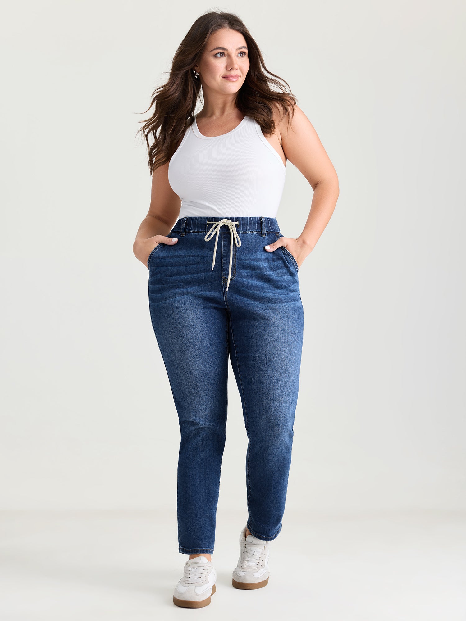 Pull-On High-Rise Drawstring Boyfriend Jeans