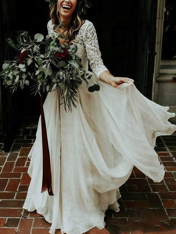 Exquisite A-Line V-Neck Long Sleeves Lace Floor-Length Wedding Dresses