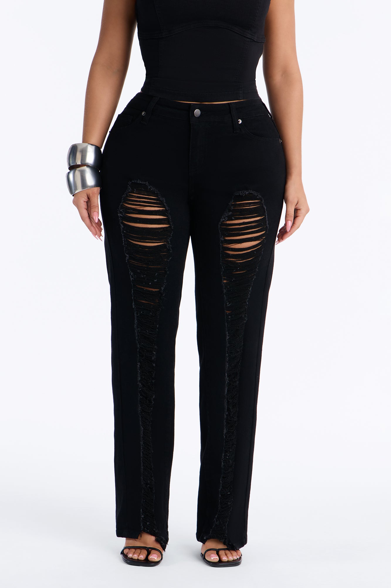 Hollywood Ripped Low Waist Straight Leg Jeans - Black