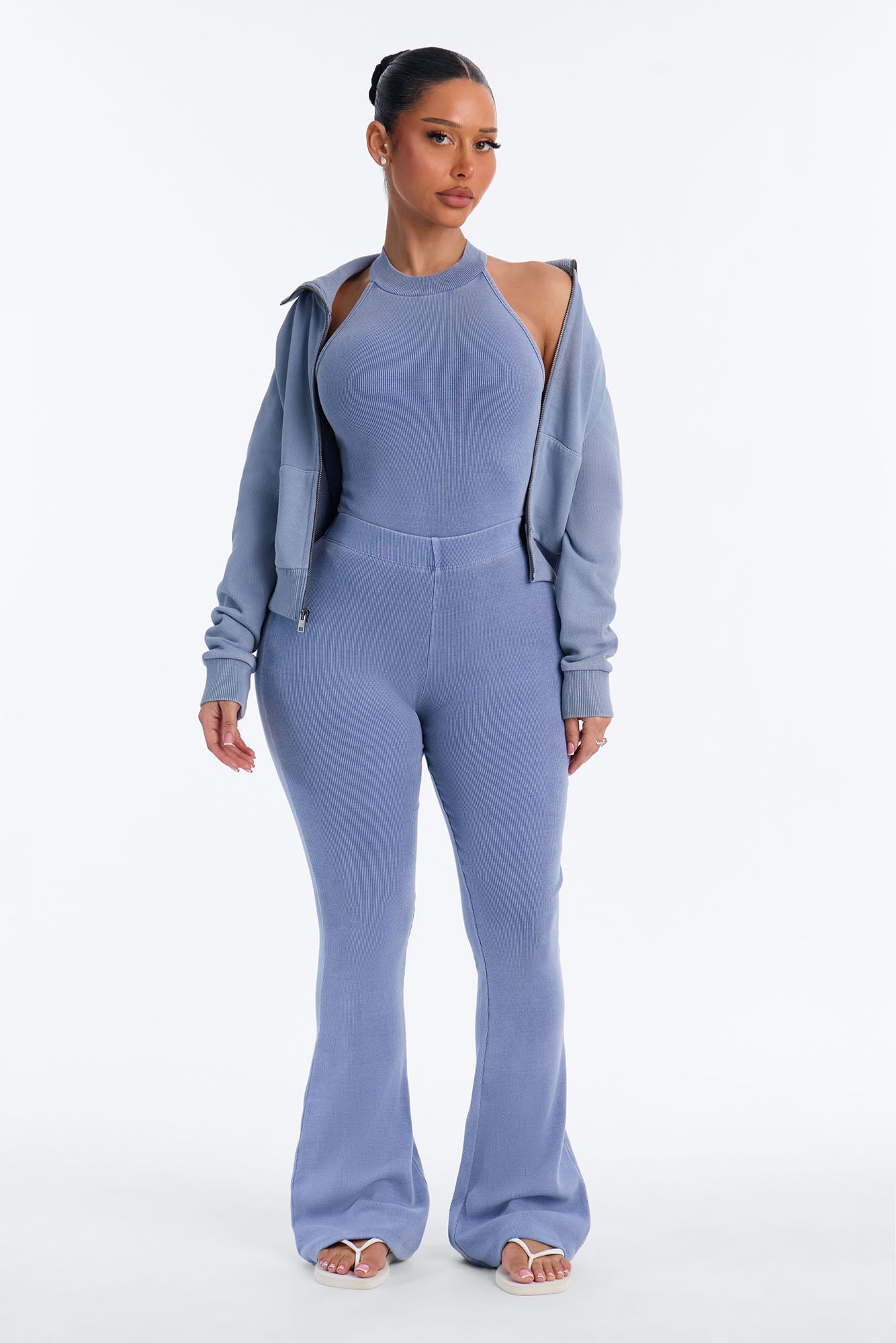 Tony Washed Ribbed Bodysuit Flare Pant Set - Washed Blue