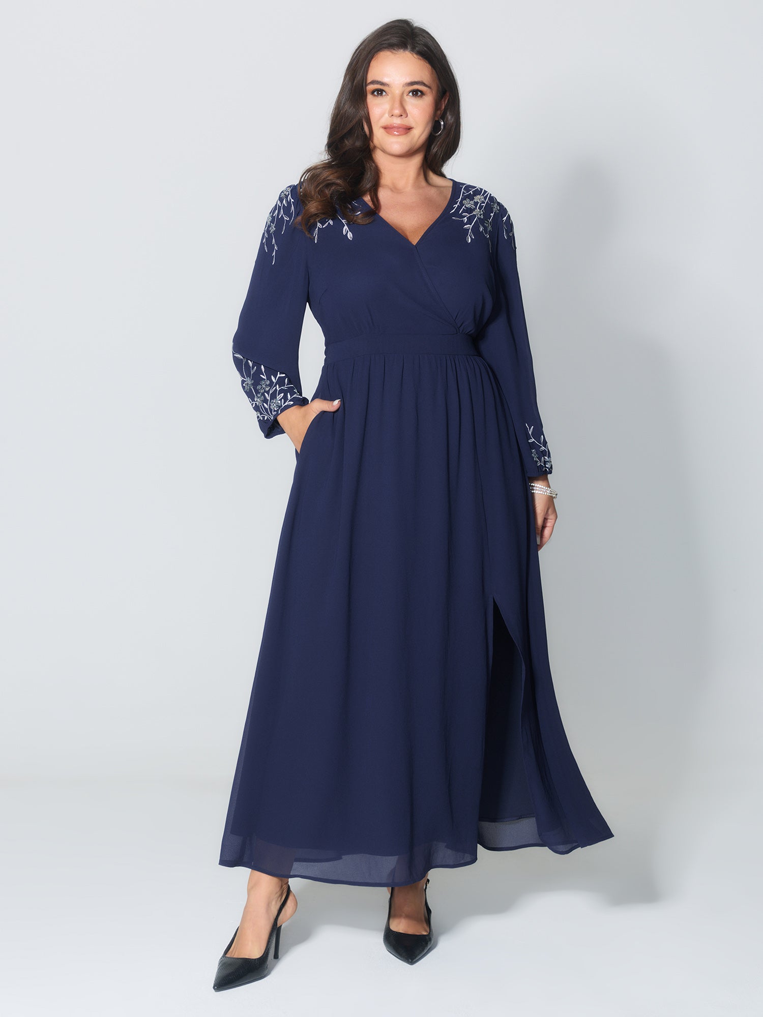 Embroidered Side Slit V-Neck Maxi Dress