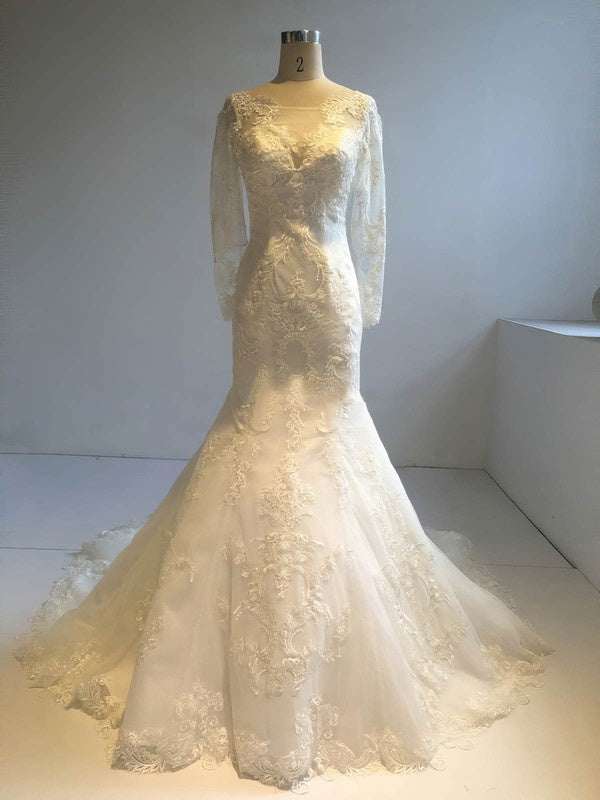 Beautiful Lace Trumpet Long Sleeves Tulle Chapel Train Wedding Dresses
