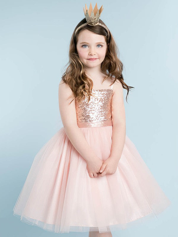 Luxurious A-Line Square Neck Spaghetti Straps Tulle Sequined Knee-Length Flower Girl Dresses