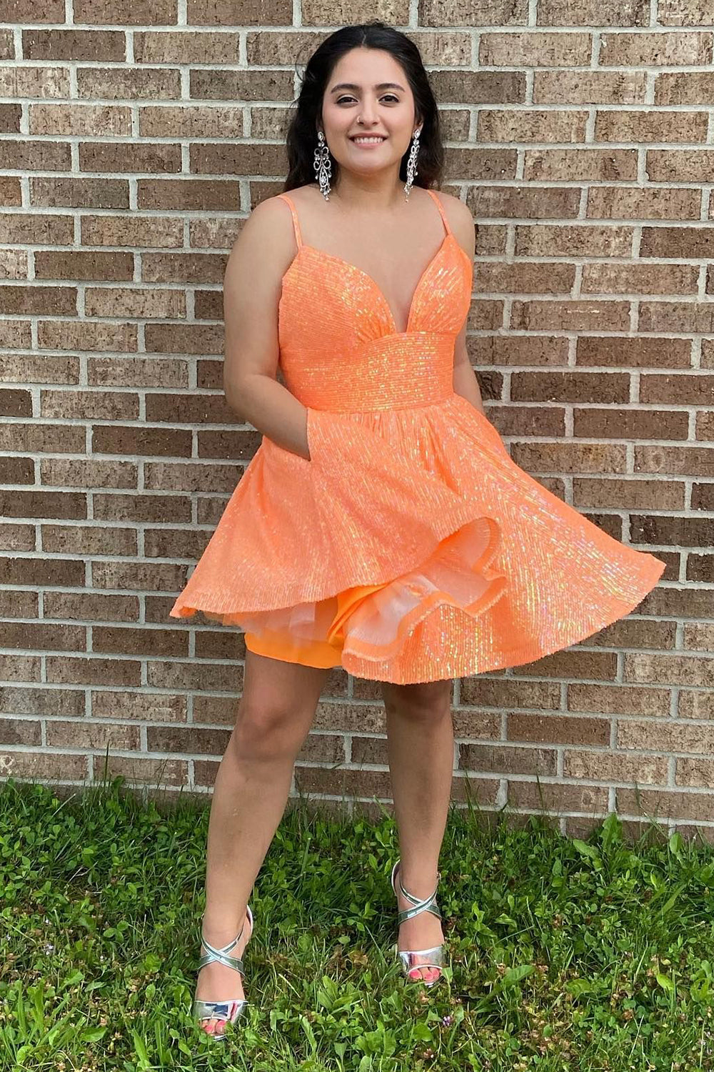 Sparkly Orange Sequins A-Line Short Homecoming Dress/Mini Dress with Pockets