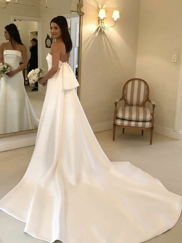 Gorgeous A-Line Strapless Satin Court Train Wedding Dresses with Bow
