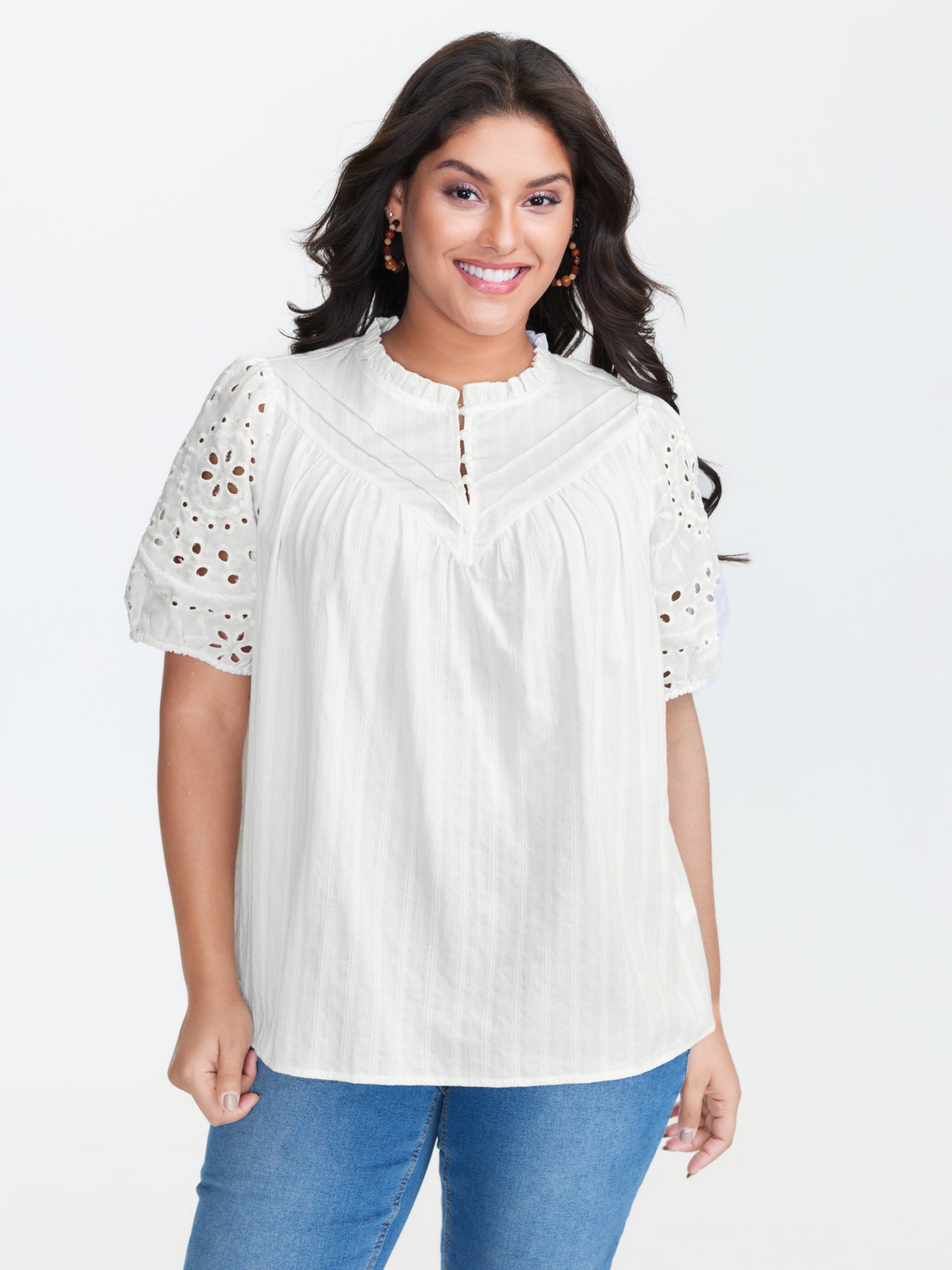 Floral Eyelet Trim Ruffled Neck Blouse