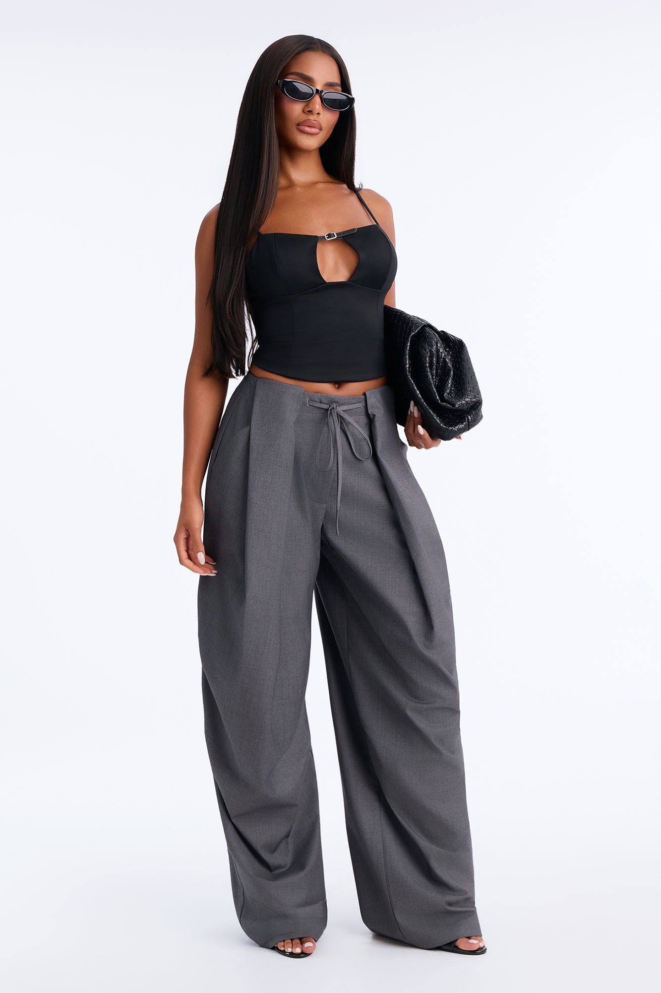 Chloe Wide Leg Stacked Pleated Trouser - Charcoal