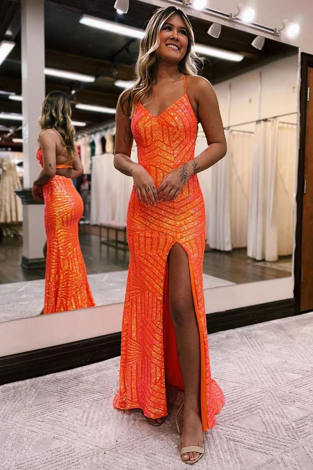 Long Orange Sequined Prom Dress with Criss Cross Back and Sheath Spaghetti Straps