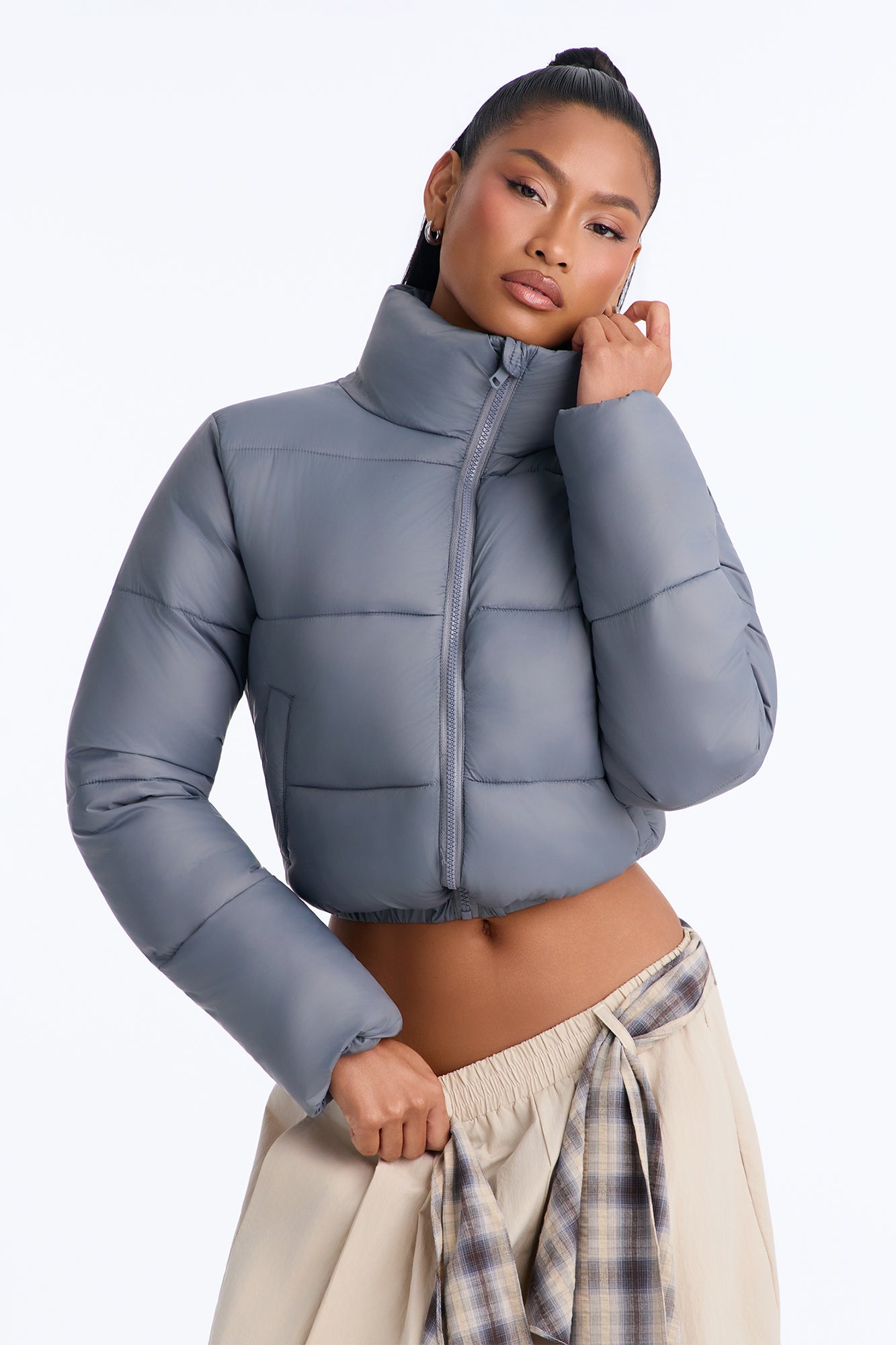Up And About Funnel Neck Puffer Coat - Charcoal